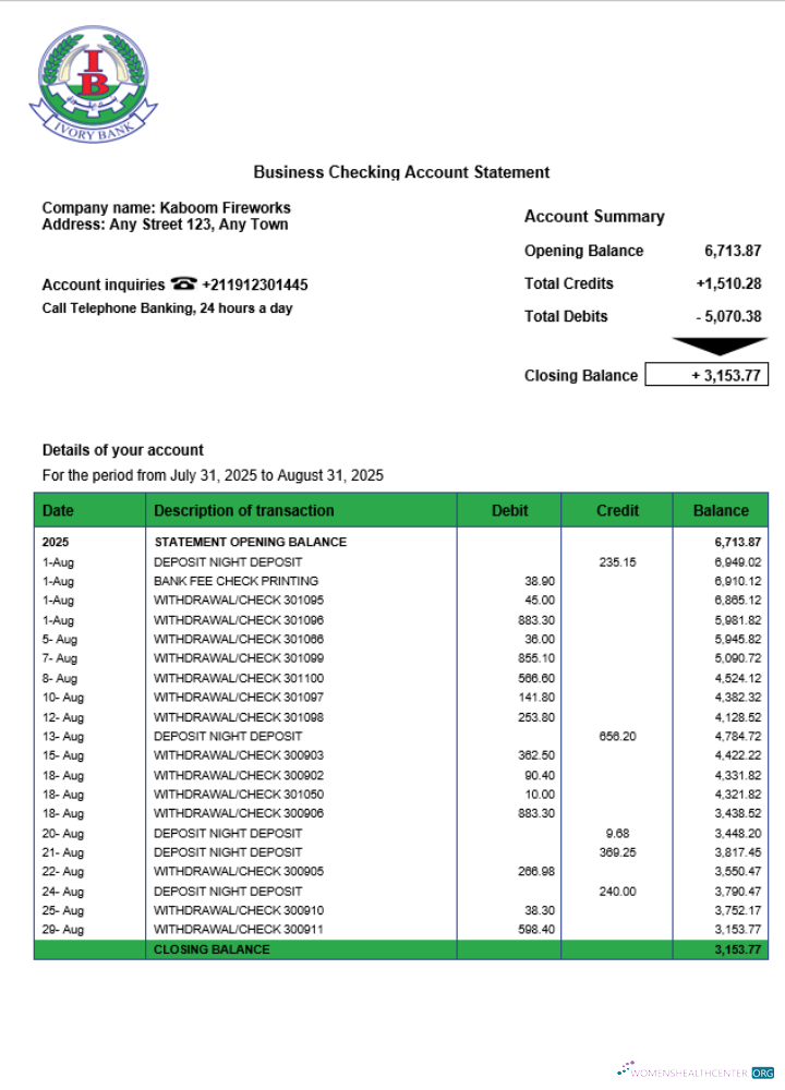 Download South Sudan Ivory business checking account statement Word and PDF template Photoshop template